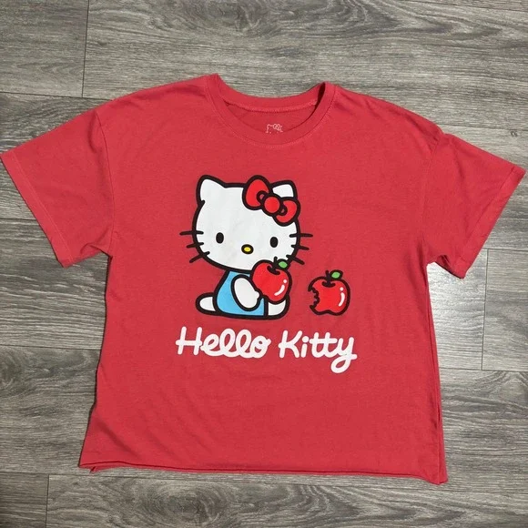 Sanrio Hello Kitty Red Graphic T-Shirt XL Apple Raw Hem Boxy Tee Womens 2024 Y2K - Picture 1 of 8